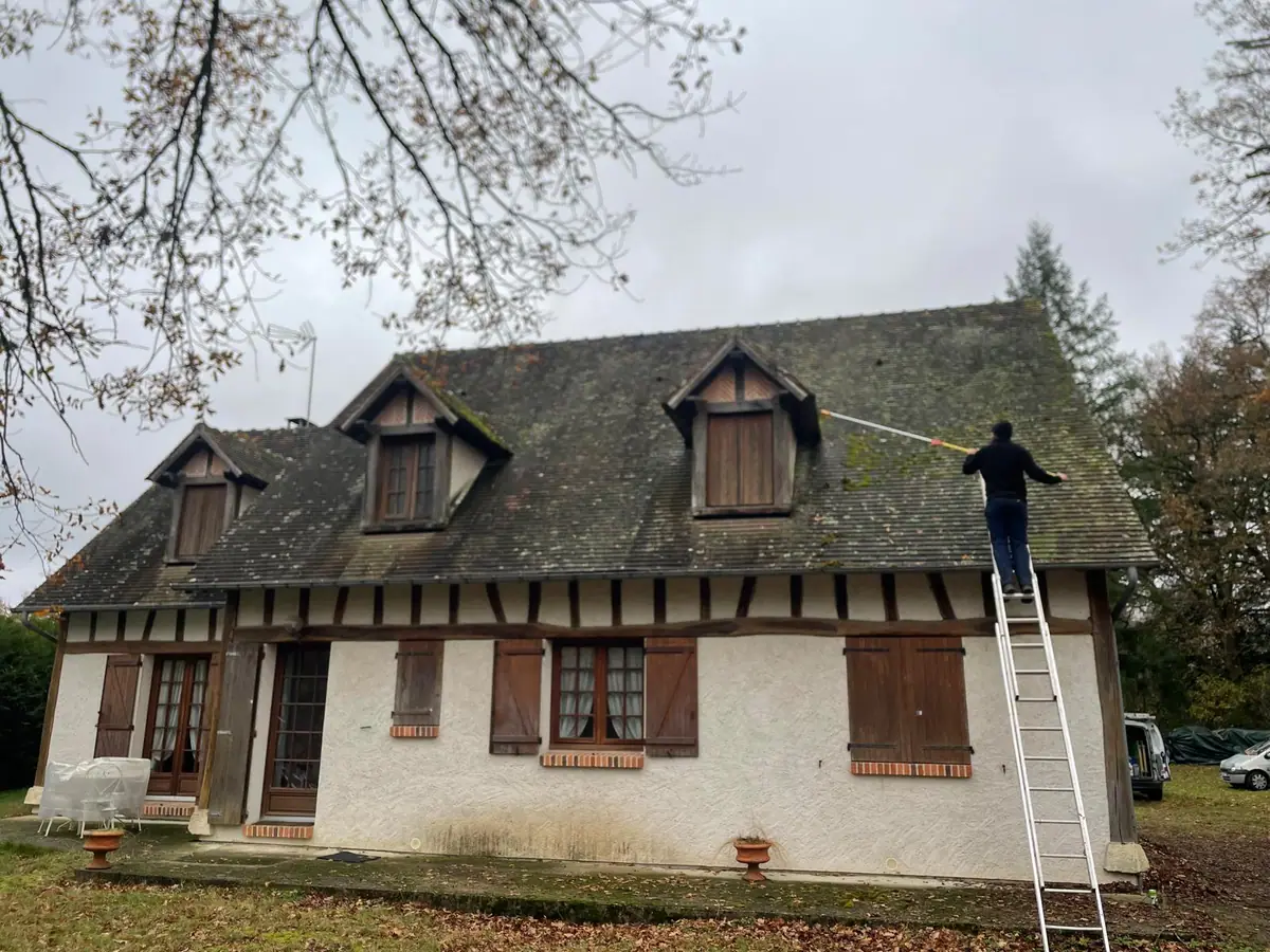 Longère à colombages dont la couverture en tuile plate est entièrement colonisée par la mousse, nettoyée à la perche depuis une échelle